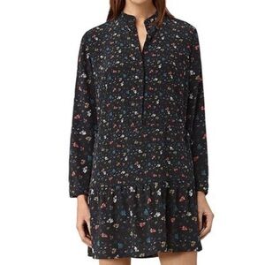 All Saints Black Floral Long Sleeve Silk Dress